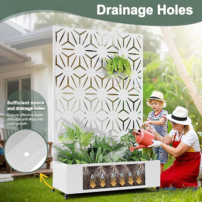 Metal Planters Box with Trellis & Privacy Screen for Patio, Large Raised Garden Beds with Drainage Holes & Wheels, 47" L×16" W×71" H Standing Flower Beds with Trellis (White Star)