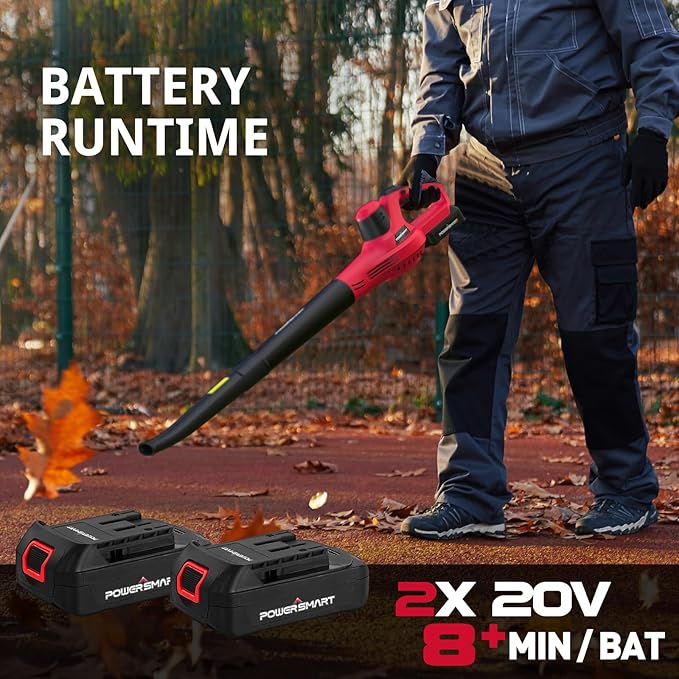PowerSmart 20V Cordless Battery Operated Leaf Blower(120CFM/117MPH) with 2 Batteries and Charger, Portable,Lightweight & Small Blowers for Patio Cleaning,Lawn Care,Blowing Leaves and Dust (PS76101A)