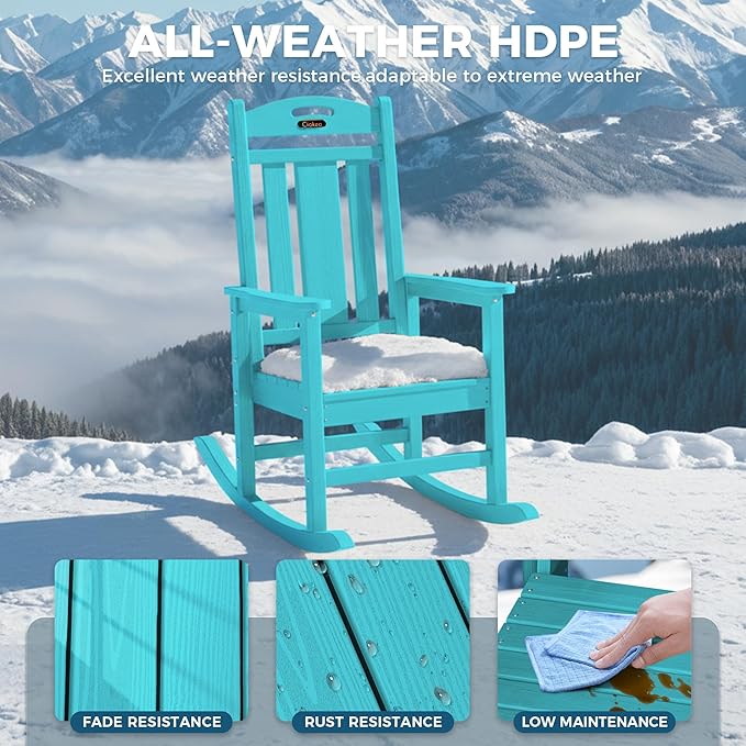 Ciokea Oversized Outdoor Rocking Chairs Set of 2, HDPE Porch Rocking Chairs for Outside, All-Weather Comfortable Patio Rockers for Front Deck Balcony, Lake Blue