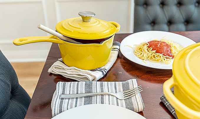 Larder & Vine 5-Piece Enameled Cast Iron Cookware Set - Includes 5.7 Quart Dutch Oven with Lid, 10.25 Inch Skillet, 2.2 Quart Saucepan with Lid (Limoncello)
