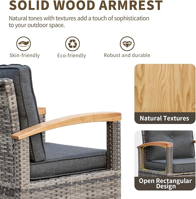 MEISSALIVVE 3 Piece Outdoor Swivel Rocker, Patio Furniture Bistro Set with 360° Wood Armrests Swivel Rocking Chairs and Side Table for Porch,Deck,Balcony(Grey)