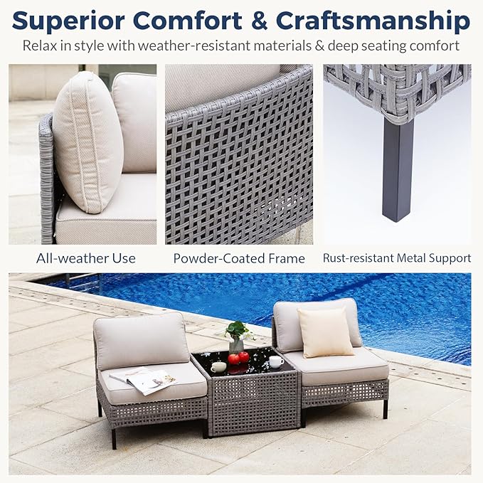 2-Piece Outdoor Rattan Armchair Set, All-Weather PE Wicker Patio Chairs with Beige Cushions, Gray Modular Sectional Furniture for Porch, Balcony, Deck, Backyard Seating