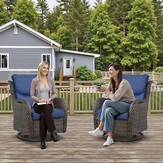 Outdoor Swivel Rocker Patio Chairs Set of 4 with Fire Table - 5" Thick Cushion 6 Piece Furniture Set with Fire Pit Table All Weather Wicker Conversation Set for Porch Deck - Brown/Blue