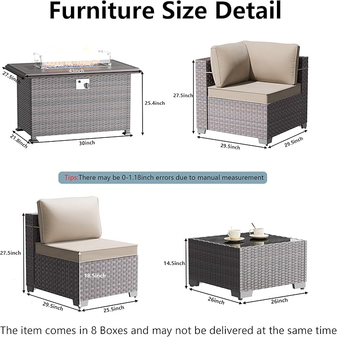 Outdoor Patio Furniture Set with Propane Fire Pit Table, 15 Pieces Outdoor Furniture Patio Sectional Sofa Conversation Set w/ETL Approved 43" Gas Outdoor Fire Table & Coffee Table(Brown).