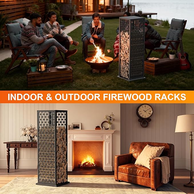 Firewood Rack, Wood Stacker Firewood Outdoor, Black Metal, 44.1 Inches, 1000 lbs Capacity, Indoor Decorative Wood Holder for Woodshed, Storeroom, Basement (Ellipticalhole)