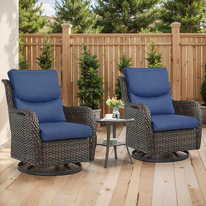 Outdoor Swivel Rocker Patio Chairs with 5" Thick Cushion - 3 Piece Wicker Bistro Set with Side Table, High Back Comfty Outdoor Glider Chairs for Balcony, Porch, Deck, Poolside - Brown/Blue