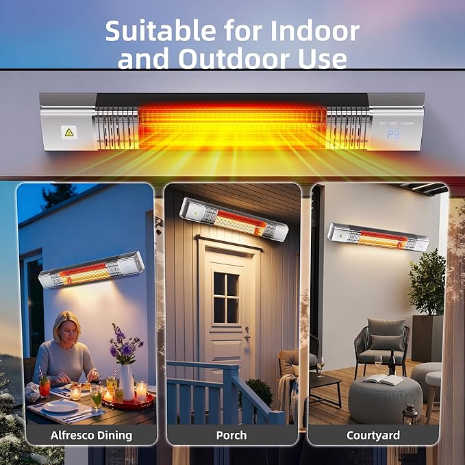 Patio Heater,1500W Outdoor Heaters,Wall Mounted Electric Heater With Remote,24H Timer,Overheat Protection,3 Heat Levels,Waterproof,Infrared Heater For Indoor,Garage,Backyard,Porch,Basement Use,Silver