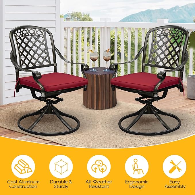 2 Piece Cast Aluminum Outdoor Swivel Dining Chairs, All-Weather Patio Swivel Rocker Chair Sets with Cushion for Garden, Backyard, Poolside, Bistro (Red, 2 Pieces)