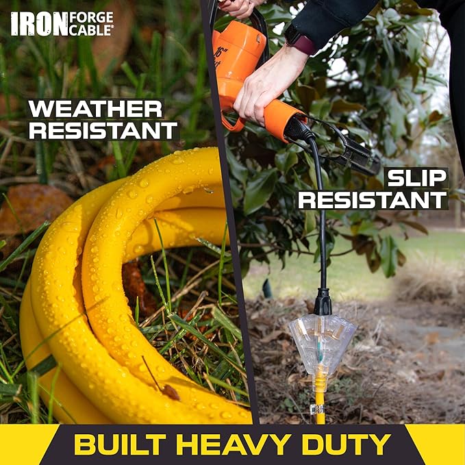 IRON FORGE CABLE 15 Foot Lighted Outdoor Extension Cord with 3 Electrical Power Outlets - 12/3 SJTW Heavy Duty Yellow Extension Cable with 3 Prong Grounded Plug for Safety