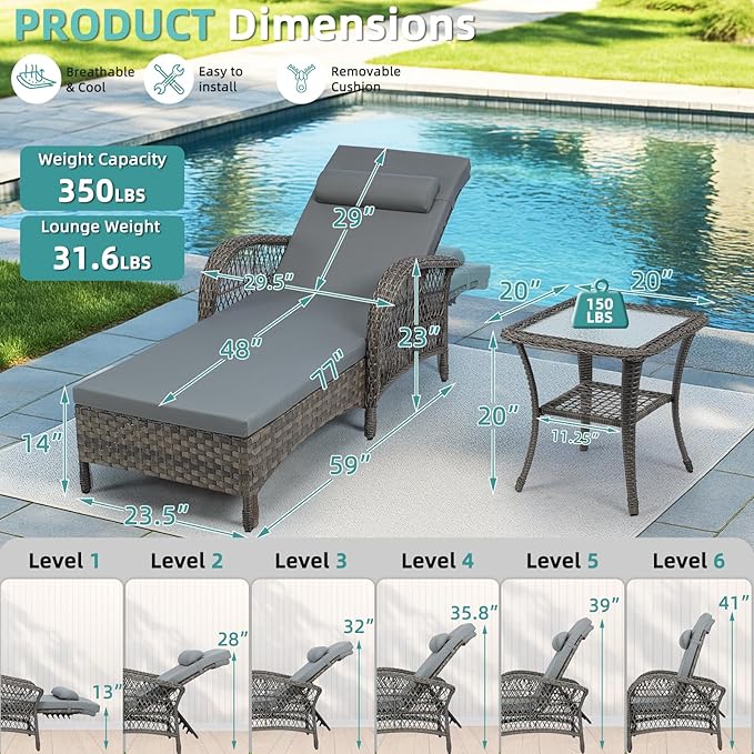 MEETWARM Outdoor Wicker Chaise Lounge Chair with Side Table, All Weather PE Rattan Patio Lounge Chair with Cushion, 6-Positions Adjustable Pool Reclining Sunbathing Chair, Armrest & Head Pillow, Gray