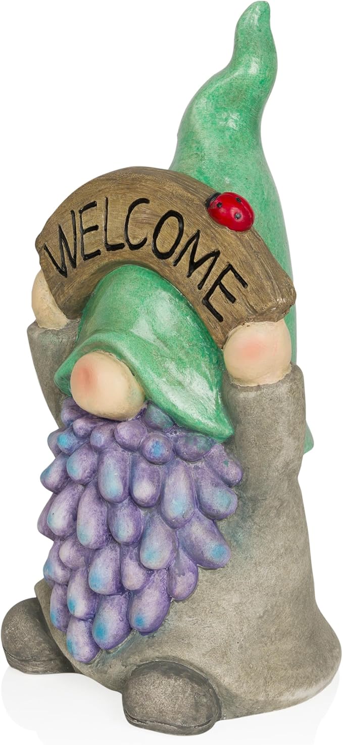 Alpine Corporation QWR1470 Gnome with Green Hat Holding “Welcome” Sign, Stylish Décor for Garden, Patio, & Pathway, 15" H