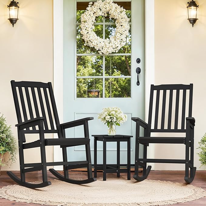 Outdoor Rocking Chairs Set of 2, Rocking Chair Outdoor All Weather Wooden Rockers, Heavy Duty 350lbs, High Back Wide Seat Patio Chairs for Porch, Backyard, Garden, Black