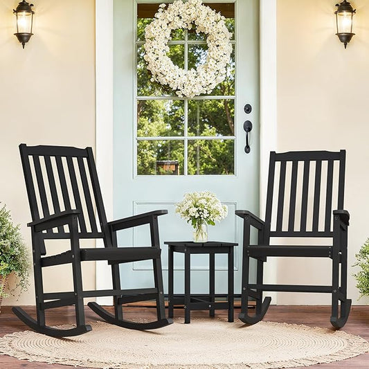 Outdoor Rocking Chairs Set of 2, Rocking Chair Outdoor All Weather Wooden Rockers, Heavy Duty 350lbs, High Back Wide Seat Patio Chairs for Porch, Backyard, Garden, Black