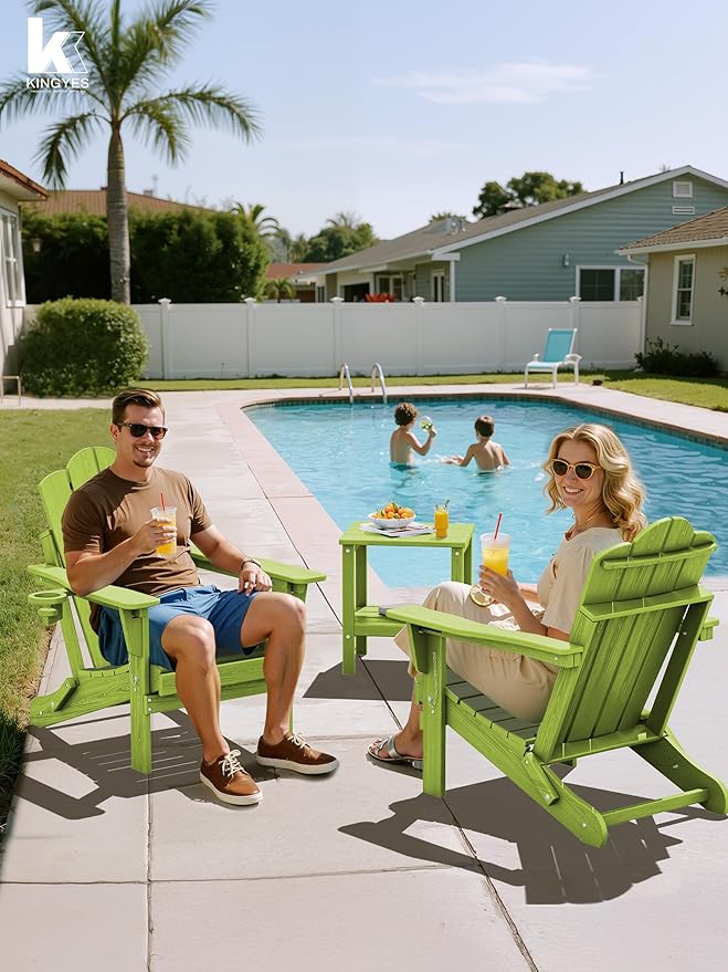 KINGYES Adjustable Folding Adirondack Chair Set of 2, 3-Position Reclining Adirondack Chairs with Cup Holder, HDPE All-Weather Oversized Adirondack for Outdoor, Patio, Deck, Fire Pit, Apple Green
