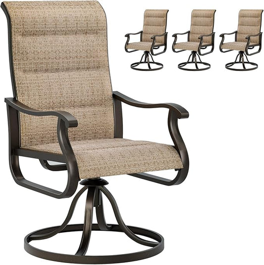 UDPATIO Patio Swivel Chairs Set of 4, Outdoor Dining Chairs High Back with Padded All Weather Breathable Textilene, Metal Rocking Frame for Backyard Lawn Garden, Brown