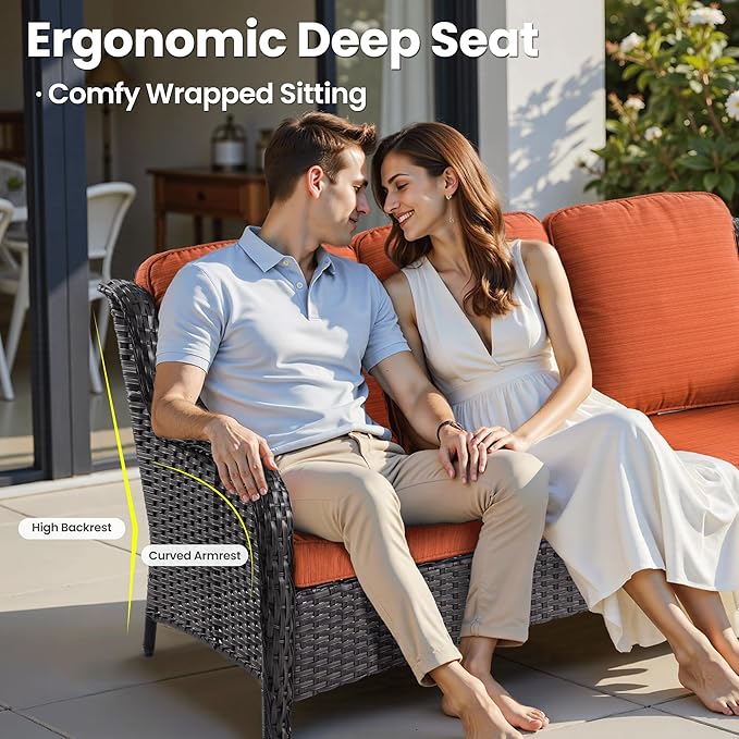 ovios 5-Pieces Patio Furniture Set, Outdoor Wicker Sofa Couch with Chairs Ottomans Comfy Cushions, All Weather High Back Modern Conversation Set, Brown Rattan, Orange Red