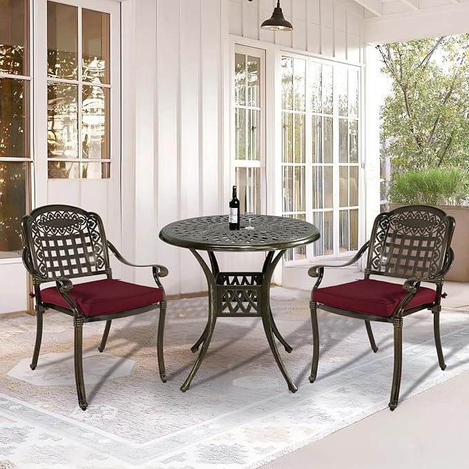 VIVIJASON 3-Piece Outdoor Patio Bistro Set, All-Weather Cast Aluminum Furniture Dining Sets Include 2 Cushioned Chairs and 31" Round Table w/Umbrella Hole for Balcony, Garden, Backyard, Red Cushion