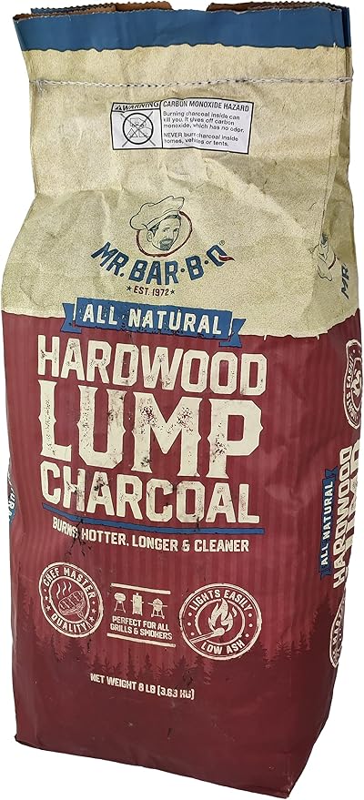 8 LB. All Natural Hardwood Lump Charcoal by Mr. Bar-B-Q - Premium Natural Charcoal for Grilling, BBQ, Smoking, Kamado & Kettle Grills - Burns Hotter & Longer - Smoky Flavor, Low Ash & Easy to Light