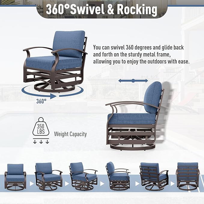 Kurapika 5 Pieces Patio Furniture Set, Outdoor Aluminum Swivel Gliders Rocker, Patio Bistro Set Rocking Chair with Thickened Cushions and Tempered Glass Side Table(Navy Blue)