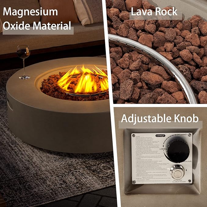 SUNBURY Outdoor 42" Propane Fire Pit Table, 50000 BTU Gray Patio Fire Table, Concrete Round Gas Fire Table w Lava Rocks