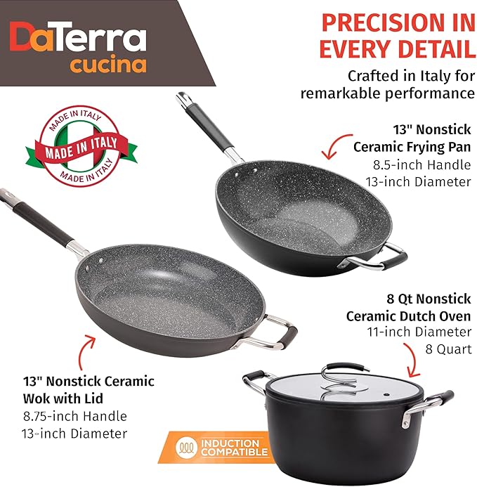 DaTerra Cucina Nonstick Family Bundle – 13" Frying Pan, 13" Wok with Lid, 8 Qt Dutch Oven with Lid – Oven Safe, Ceramic Nonstick, PTFE & PFOA Free – Made in Italy, Volcanic Black Speckled
