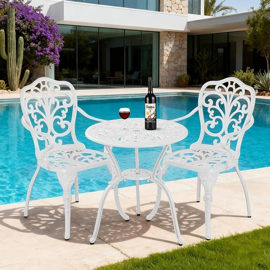 3 Piece Patio Bistro Set Cast Aluminum Bistro Table Set,All Weather Outdoor Dining Set with Umbrella Hole for Porch, Lawn, Garden, Backyard, Pool (White)
