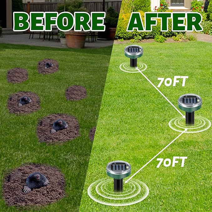 Solar Ultrasonic Mole Repellent 10 Pack,Snakes Gophers Voles Repellent Outdoor Waterproof, Rodents Repeller for Lawn Garden, Detterrent and Repel Moles Groundhogs Chipmunks Squirrels