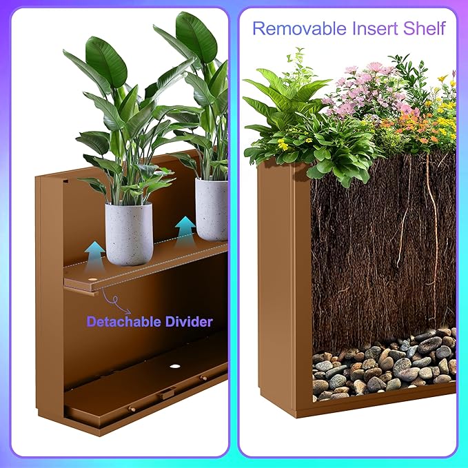 Tall Metal Planter, 15" W×16.3" H Large Rectangular Planter Box for Outdoor or Indoor, All-Weather Durable Plant Box with Drainage Holes & Removable Shelf for Patio, Porch, Garden, Trees, Flowers