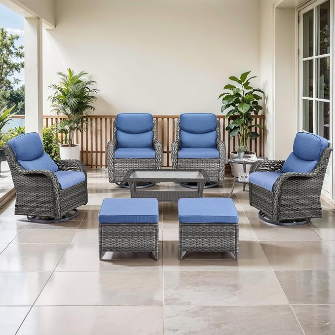 Outdoor Swivel Rocker Patio Chairs Set of 4 with Coffee Table - 5" Thick Cushion 8 Piece Furniture Set All Weather Comfortable Wicker Conversation Set for Porch Deck - Gray/Blue