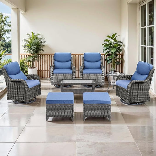 Outdoor Swivel Rocker Patio Chairs Set of 4 with Coffee Table - 5" Thick Cushion 8 Piece Furniture Set All Weather Comfortable Wicker Conversation Set for Porch Deck - Gray/Blue