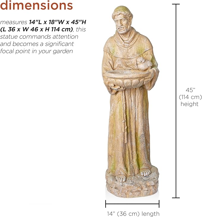 Alpine Corporation QFC107-201 Old World St. Francis Statue with Bird Feeder and Mossy Finish, 45" H, Tan and Green