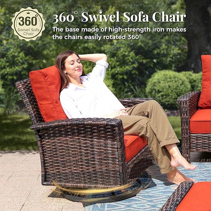 4-Piece Wicker Patio Furniture Set with Swivel Chairs, High Back Outdoor Sofa with 5.5-inch Thick Cushion, All-Weather Wicker Patio Conversation Set for Deck Yard Pool, Red