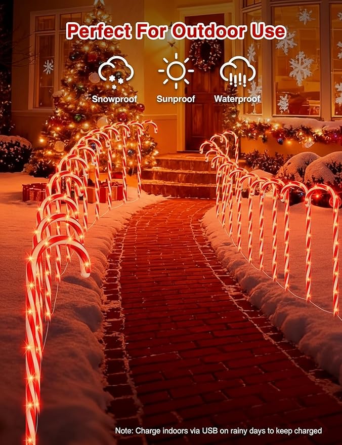 COOLWUFAN 24 Pack 28" Solar Candy Cane Path Lights Christmas Decorations, 4 Brightness Levels 264 Bright LEDs Waterproof Pathway Markers with Stakes for Outdoor Yard Garden Walkway Xmas Holiday Decor