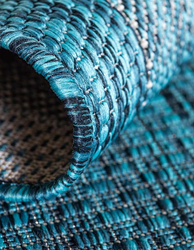 Unique Loom Outdoor Border Collection Area Rug - Soft Border (3' 1" Round, Teal/ Ivory)