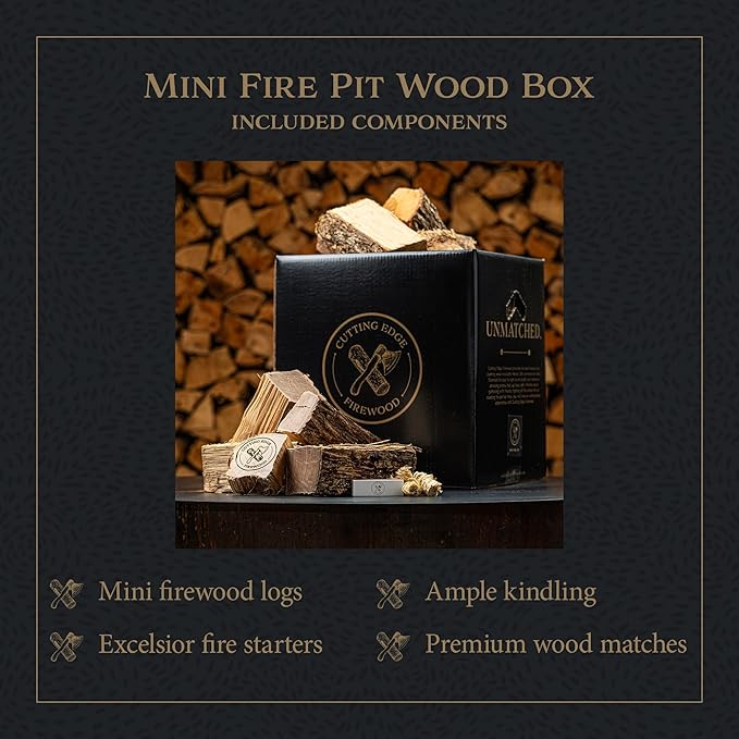 Mini Fire Pit Wood Box by Cutting Edge – Kiln-Dried Oak for Small Fire Pits, Chimineas & Stoves | 9" Logs with Fire Starters, Kindling & Matches | Hot Burn, Big Flame, Earthy Aroma