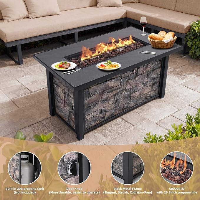 48'' Propane Fire Pit Table for Outdoor, Ceramic Tabletop & Polyresin Natural Stone Base, 50000 BTU Gas Fire Pit Table for Outside Patio and Garden, with Lava Rock