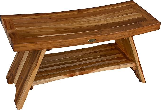 EcoDecors 35 Inch Serenity Teak Shower Bench – Waterproof Bathroom Seat with Large Storage Shelf For Adults & Seniors | Spa-Style Teak Wood Stool with Non-Slip Feet, Elegant Finish, 300 Pound Capacity