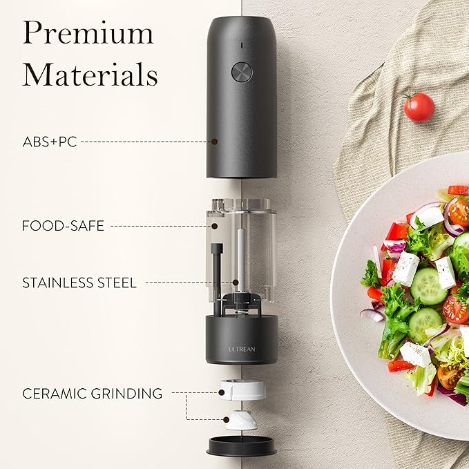 Ultrean Electric Pepper Grinder, Rechargeable Salt and Pepper Grinder with 6 Adjustable Coarseness, LED Light, One-Hand Automatic Operation, Christmas Gifts, Starry Gray