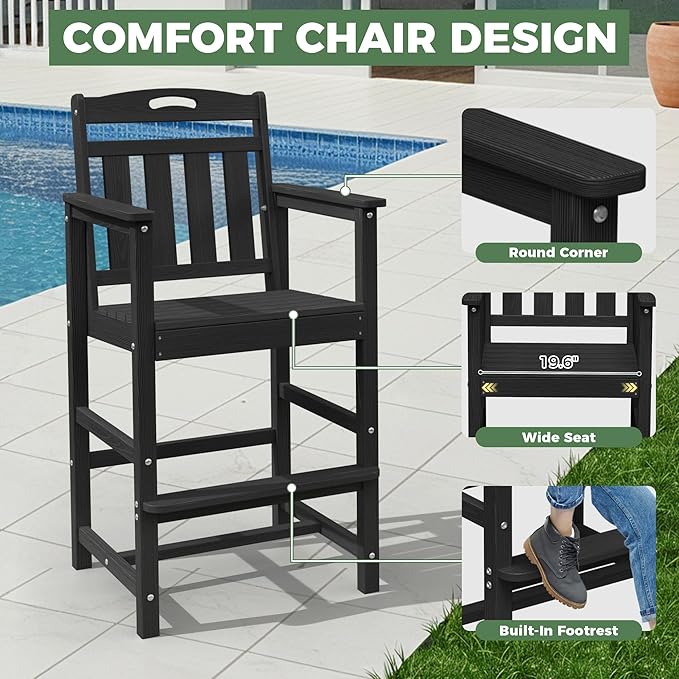 Outdoor Patio Bar Height Chair, All-Weather HDPE Tall Balcony Adirondack Stools for Bistro, Garden, Backyard, Deck | Matte Black