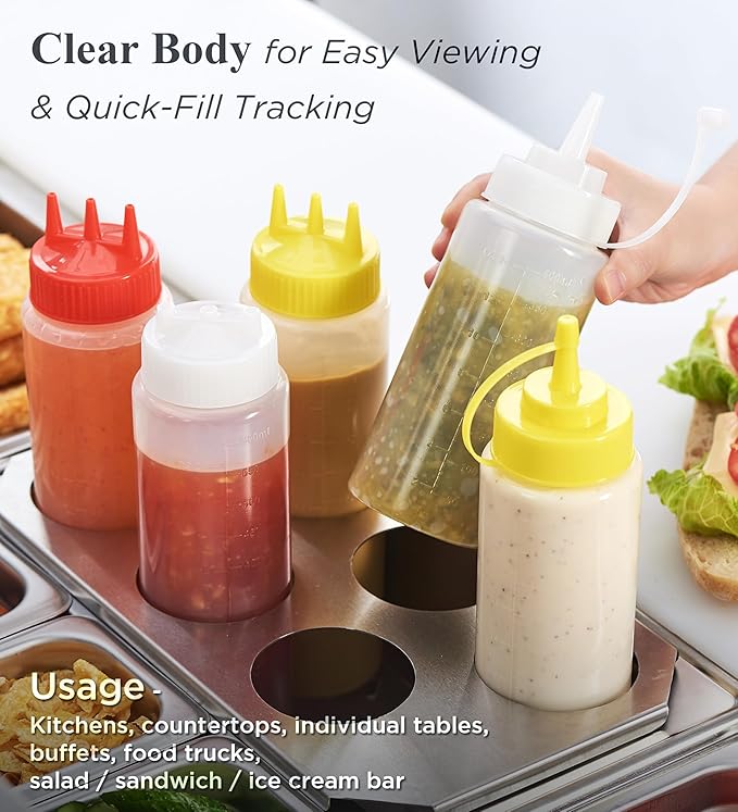 CURTA 6-Pack 12 oz Clear Squeeze Bottle with Cap, BPA-Free Easy-to-Squeeze Plastic Condiment Dispenser with oz & ml Markings for Sauce, Oil, Dressing, Dishwasher Safe, Yellow