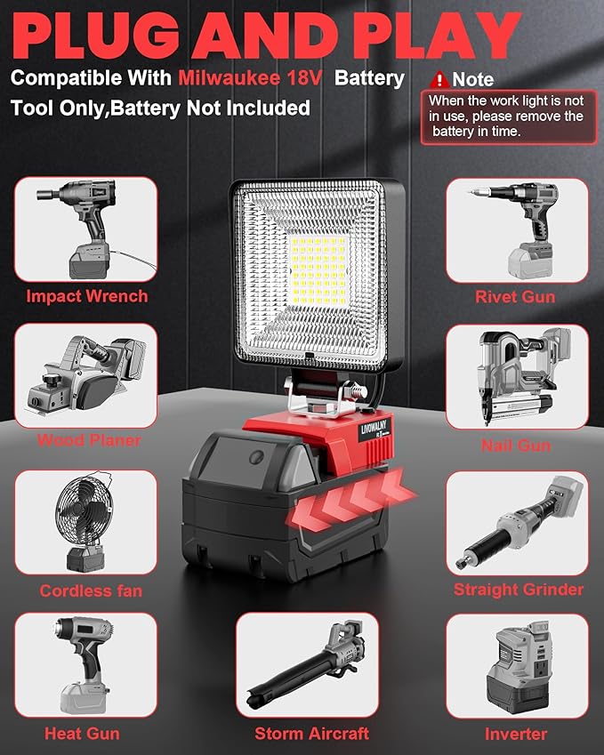 LIVOWALNY 27W LED Work Light Compatible with Milwaukee Battery, Portable 2700LM Flood Flashlight Tools 140° Adjustable Head with USB & Type C Output Port for Camping, Hiking, Construction, Emergency