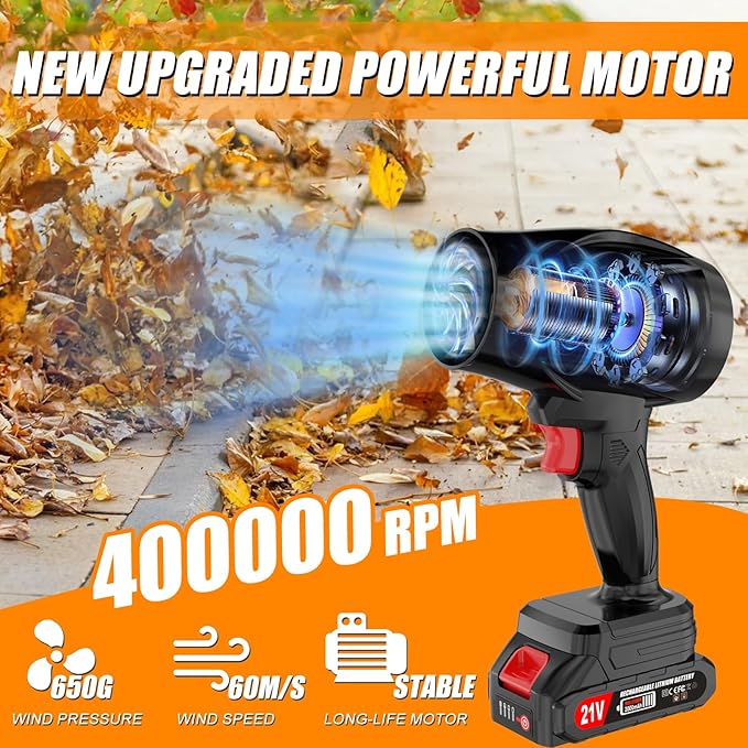 Cordless Leaf Blower with Battery and Charger, 400,000 RPM Turbo Air Jet Blower, Portable Lightweight Handheld Blower with Adjustable Speed for Patio Cleaning, Lawn Care, Car, Blowing Leaves and Dust