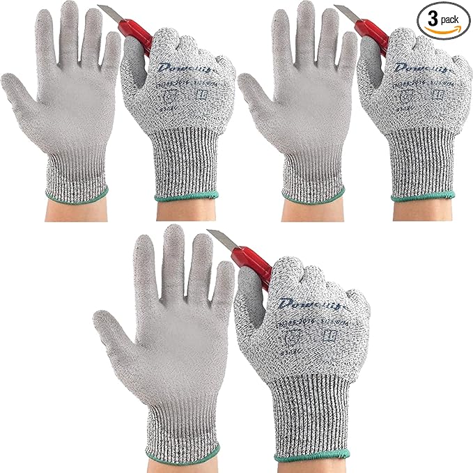 Dowellife 3 Pairs Level 5 Cut Resistant Work Gloves for Men and Women, PU Coated Breathable Gardening Gloves, Thin Flexible and Firm Grip for Mechanics and Fishing (Medium, Grey)