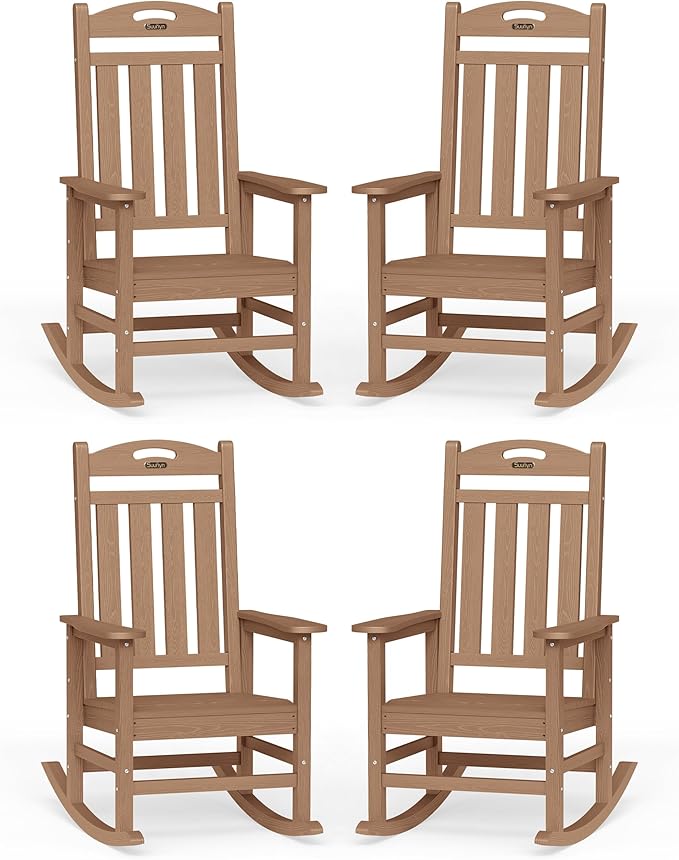 Oversized Outdoor Rocking Chair Set of 4, High Back Porch Rocker Chair, HDPE All Weather Resistant Rocking Chairs for Patio, 386lbs Weight Capacity, Teak