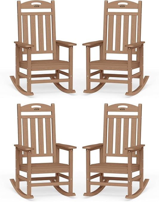 Oversized Outdoor Rocking Chair Set of 4, High Back Porch Rocker Chair, HDPE All Weather Resistant Rocking Chairs for Patio, 386lbs Weight Capacity, Teak