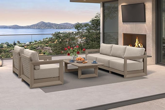 PURPLE LEAF Patio Furniture Set Open-End Outdoor Couch with 9.6" Thick Cushion and Soft Pillows 6 Piece Outdoor Sectional Sofas with Table Modern Outdoor Conversation Sets for Yard Porch Deck, Khaki