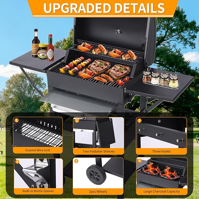 CIG GARDEN Charcoal Grill with 2 Foldable Side Tables,20-Inch Outdoor Barbecue Grill with 330 Sq.In.Cooking Area,Enamel Steel Wiring Charcoal Grill with Charcoal Trays for Camping Garden Backyard