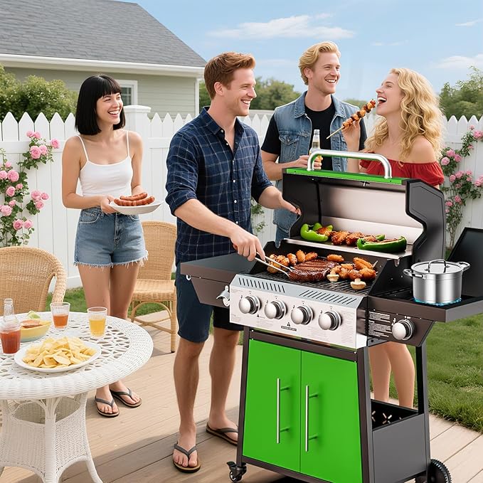 4-Burner Propane Gas BBQ Grill with Side Burner, Stainless Steel Grates, 50,000 BTU Barbeque Gas Grill for Outdoor Cooking Kitchen and Patio Backyard, with Wheels and Storage, Green