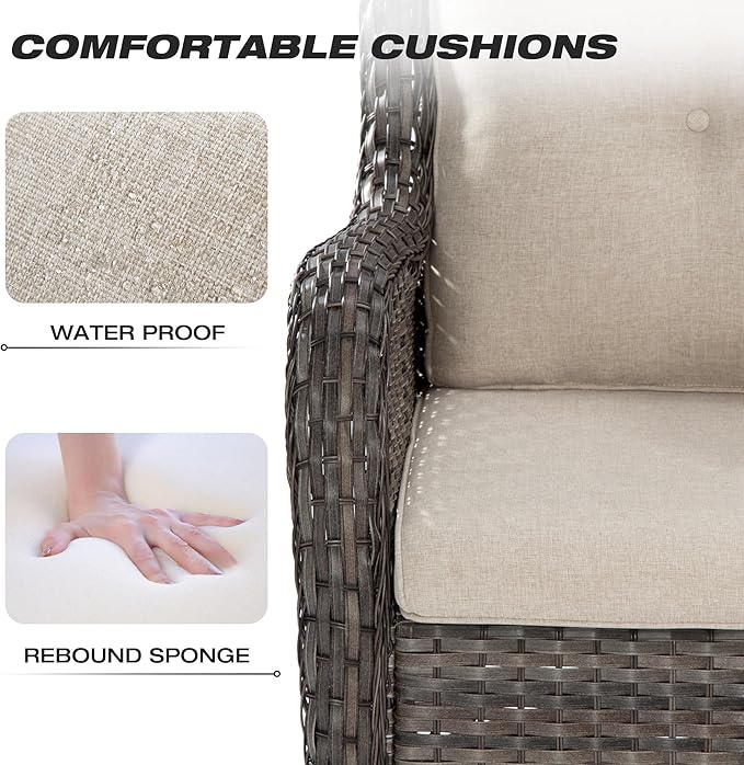 Joyside Patio Furniture Set 5-Piece Wicker Outdoor Furniture Conversational Set with 3-Seat Sofa, 2 Armchairs, 2 Ottoman Patio Rattan Wicker Sectional Sofa Set with Olefin Cushions(Mixed Grey/Beige)