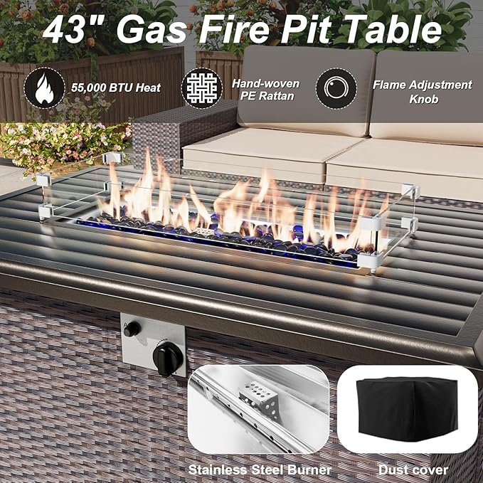 ALAULM Patio Furniture Set with Fire Pit Table 55000 BTU, Outdoor Sectional with Wide Seat and Thick Cushion, 15 Piece Wicker Rattan Conversation Set with Coffee Table for Garden, Deck, Red